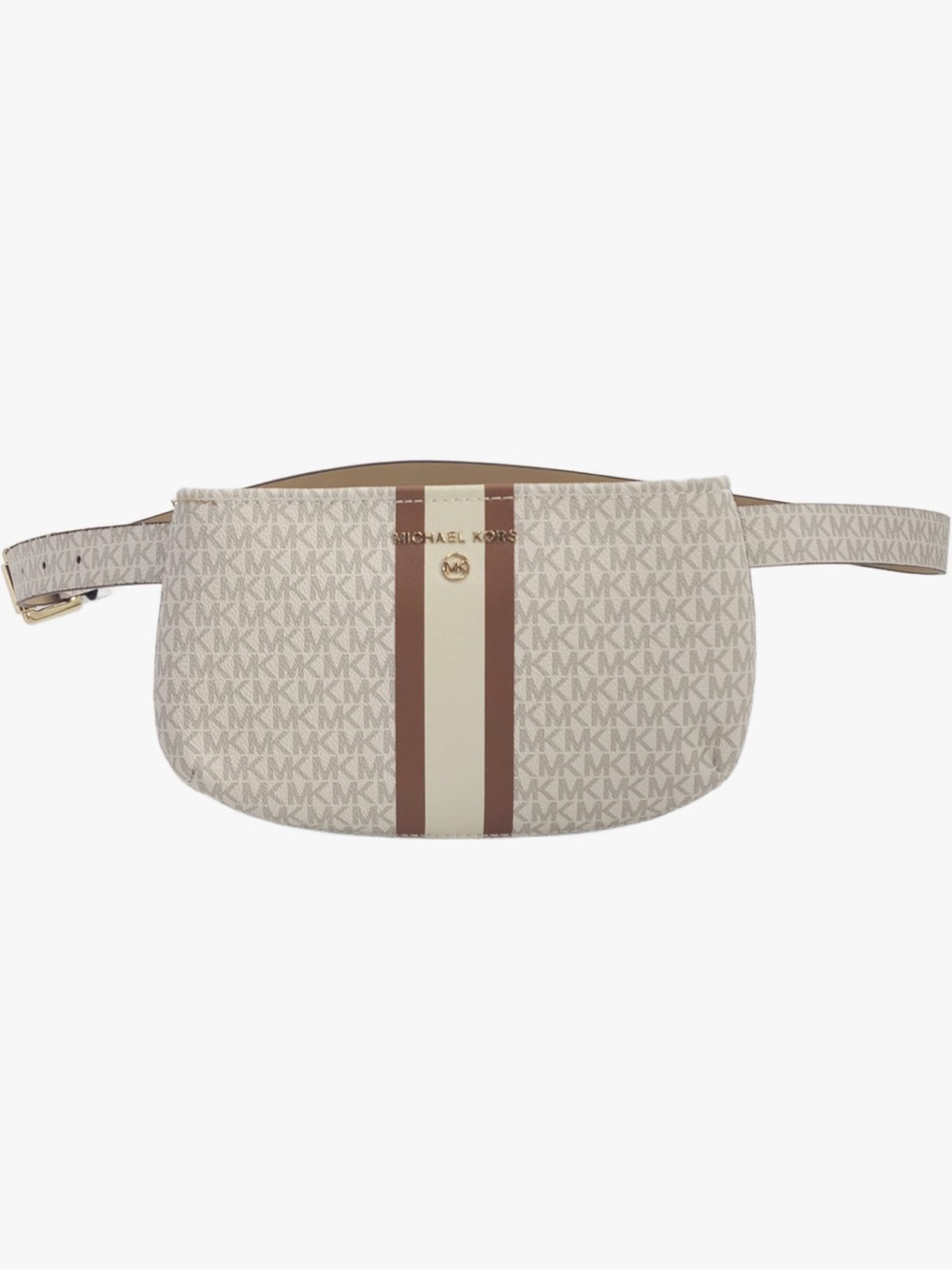 Michael Kors Beige and Camel MK Monogram Belt Bag Fanny Pack with Center Stripe